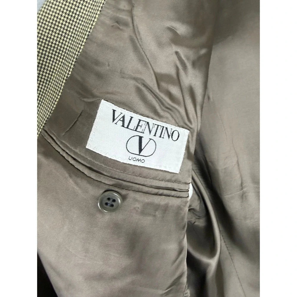 Valentino Uomo Mens 2 Piece Suit 42R 36x25.5 Tan‎ Houndstooth Blazer Pleated 80s